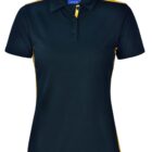 Black polo shirt with yellow accents on the collar and sides.