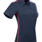 Dark blue polo shirt with red seams and short sleeves.