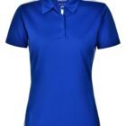 Blue polo shirt with a collar and buttons, featuring white shoulder stripes.