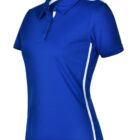 Blue polo shirt with white side stripes and collar, shown on a mannequin.
