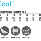 Polo size chart with features: moisture wicking, UV protection, quick dry, breathable, easy clean.