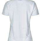 Back view of a plain white polo shirt with short sleeves and a collar.