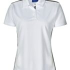 White short-sleeve polo shirt on a plain backdrop.