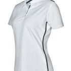 White womens polo shirt with black side stripes, short sleeves, and a collar.