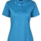 Blue short-sleeve polo shirt with collar and buttons on white background.