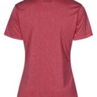 Red collared short-sleeve shirt seen from the back against a white background.