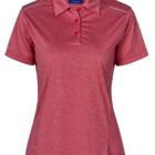 Red polo shirt with a collar and buttons on a white background.