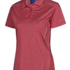 Red short-sleeve collared polo shirt with buttons and subtle white piping on shoulders and sides.