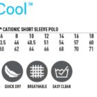 Size chart and features for RapidCool womens polo shirt, including fit, measurements, and benefits.