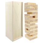 A wooden Jenga tower beside its empty rectangular wooden storage box.