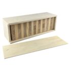 Rectangular wooden box with a sliding lid, containing vertical wooden blocks inside.
