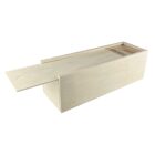 Rectangular wooden box with a sliding lid partially open, showing the inside compartments.