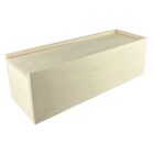 A plain, rectangular, light wooden box with a sliding lid.