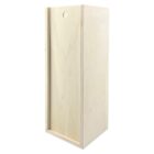 Tall, rectangular, light wood box with a sliding front panel and a small round hole at the top.