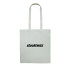 White tote bag with stocktwits printed in bold black letters on the front.