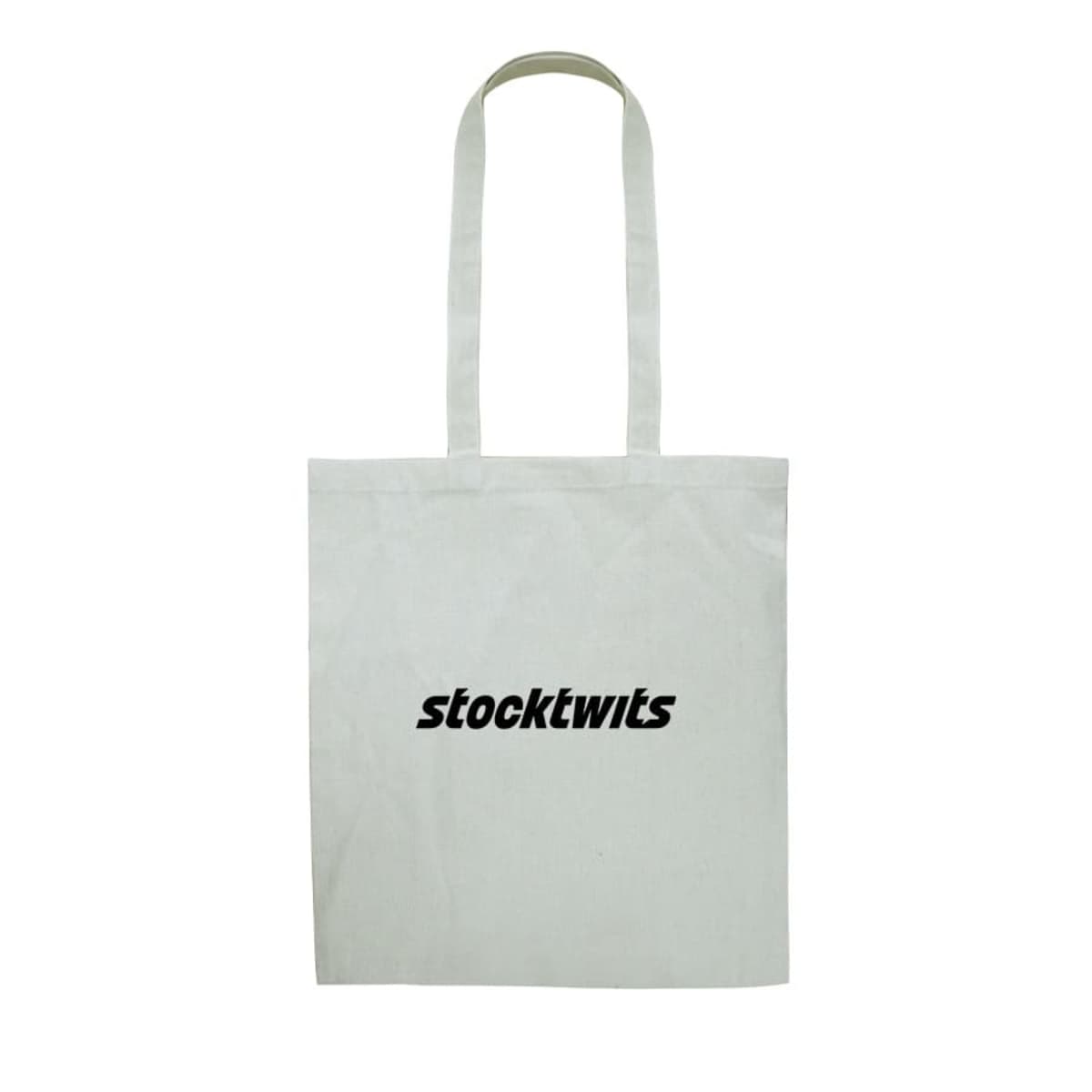 White tote bag with stocktwits printed in bold black letters on the front.