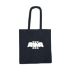 Black tote bag with bold white ARMA logo printed in the center.