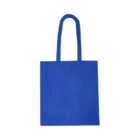 Plain blue tote bag with long handles on a white background.
