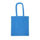 A plain blue tote bag with two handles against a white background.