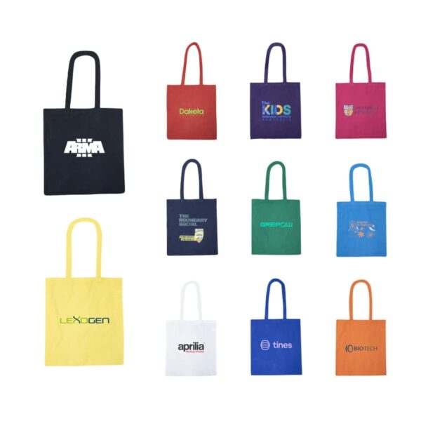 Twelve colorful tote bags, each with a different logo and color, arranged in rows.
