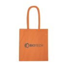 Orange tote bag with long handles and BIOTECH logo printed in gray on the front.