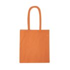 Orange fabric tote bag with long handles on a white background.