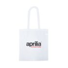 White tote bag with aprilia RACING logo in black and red text on the front.