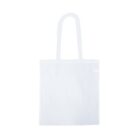A plain white reusable tote bag with two handles on a white background.