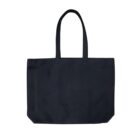 A plain black canvas tote bag with two handles, shown on a white background.