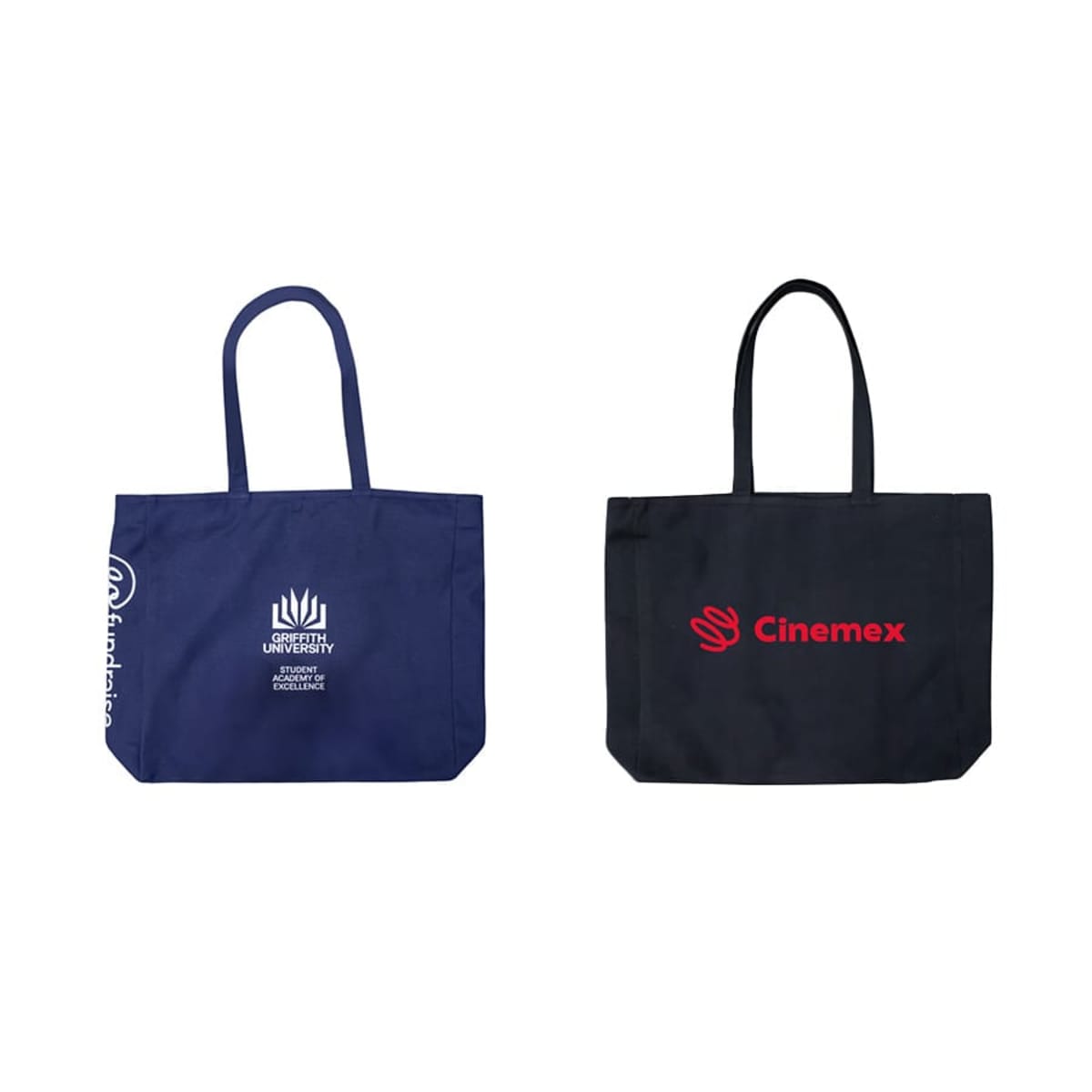 Two reusable tote bags, one navy with a university logo, one black with a Cinemex logo.