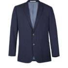 Navy blue blazer with two buttons and front pockets.