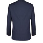 Back view of a navy blue suit jacket on a plain white background.