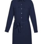 Dark blue button-up shirt dress with long sleeves and a waist tie belt.
