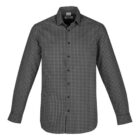 Black and gray checkered long-sleeve button-up shirt.