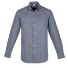 Blue, long-sleeve, checkered button-up shirt on white background.