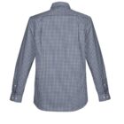 Back view of a long-sleeve, blue and white checkered shirt.
