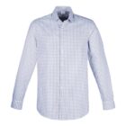 Blue and white checkered long-sleeve dress shirt.