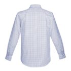 Back view of a blue and white checkered long-sleeve button-up shirt.