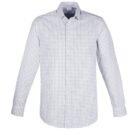 Gray and white checkered long-sleeve dress shirt on a white background.
