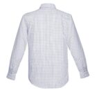 Back view of a long-sleeve, white and blue checkered shirt.