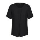 Short-sleeve black blouse with a round neckline and a front center seam.