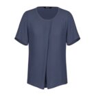 Short-sleeve, dark blue blouse with a round neckline and front pleat detail.