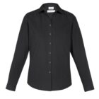 Black, long-sleeved, button-up collared shirt displayed on a white background.