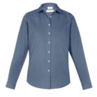 Blue long-sleeve button-up collared shirt on a white background.