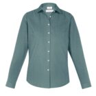 Long-sleeved, teal button-up shirt with a collar against a white background.
