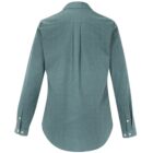Back view of a teal long-sleeve button-up shirt with a curved hem.