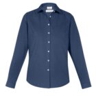Long-sleeved, button-up, navy blue collared shirt on a white background.