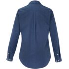 Blue long-sleeve buttoned shirt shown from the back, with a pleat and curved hem.