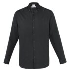 Black long-sleeve button-up shirt with a collar, shown on a plain white background.