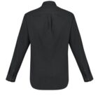 Back view of a black long-sleeve button-up shirt against a white background.